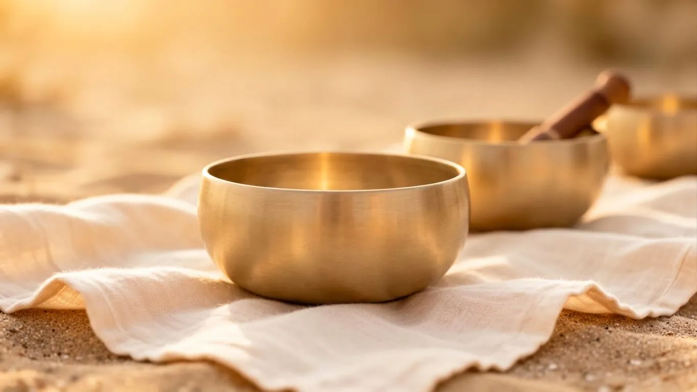 Klankschalen in zacht ochtendlicht voor soundhealing in Utrecht